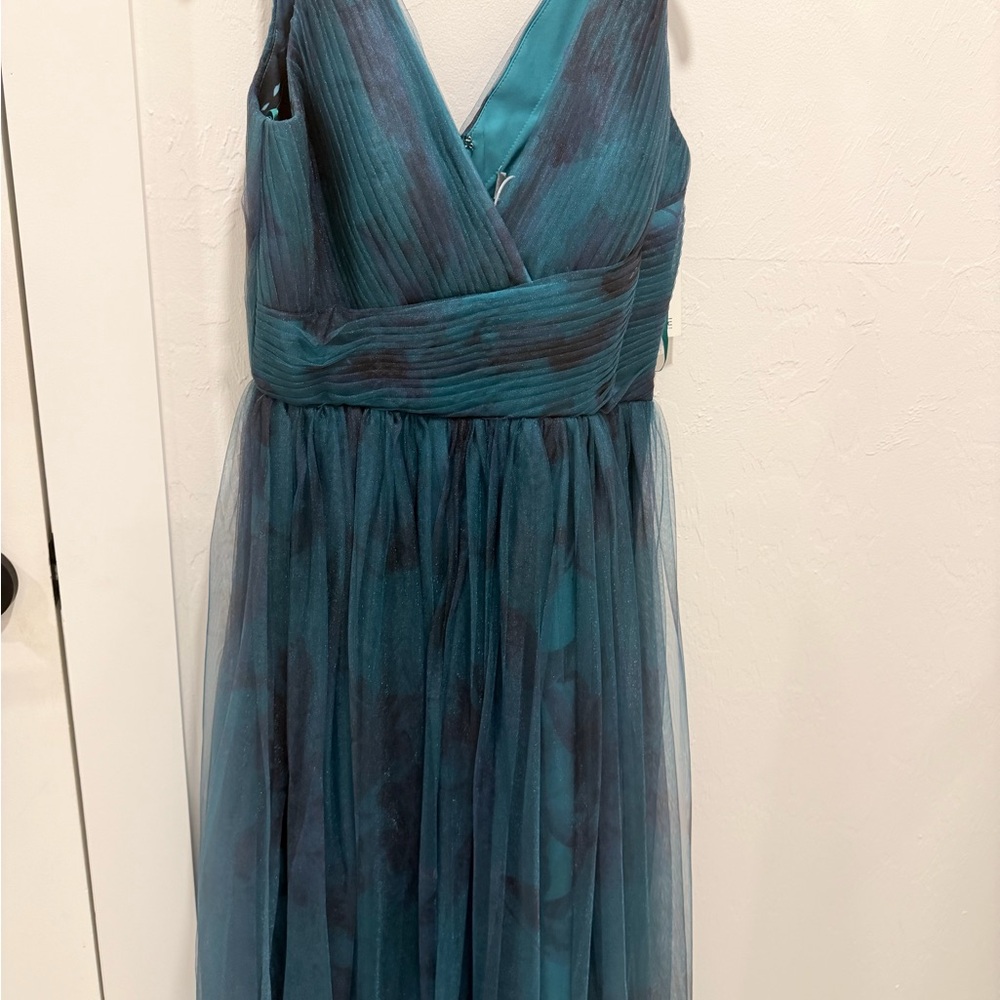Rene Ruiz Teal and Black V-Neck Tulle Evening Dress